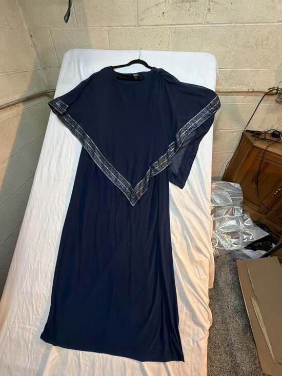 SLNY Fashions New York Dresses & Skirts - SLNY Fashions Navy Blue Asymmetrical Capelet Sheath Dress with Silver Foil Trim